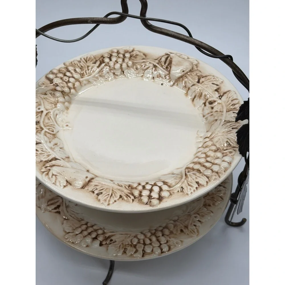 Euro Ceramica 2 Tier Serving Stand Grape Vine Embossed Ceramic Plates Metal Rack